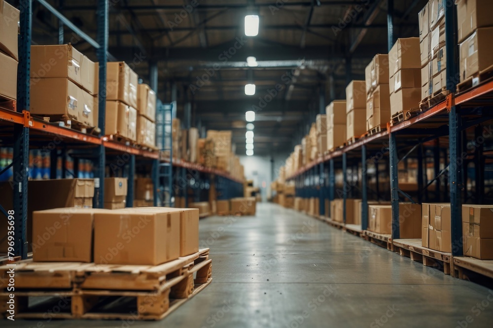 Huge warehouse goods, cardboard boxes on shelves, humanitarian aid Huge warehouse goods, cardboard boxes on shelves, humanitarian aid