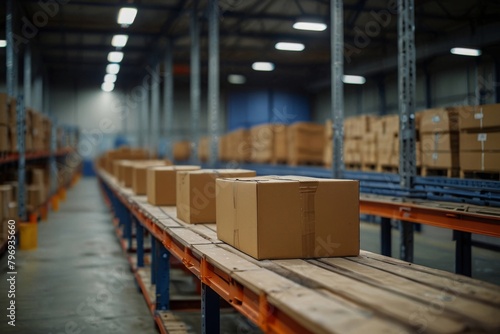 Huge warehouse goods, cardboard boxes on shelves, humanitarian aid © Plutmaverick