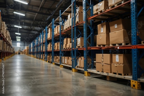 Huge warehouse goods, cardboard boxes on shelves, humanitarian aid