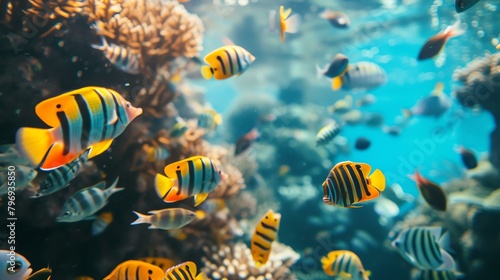 Underwater image of a coral reef with many colorful fish swimming around. The water is clear and blue.