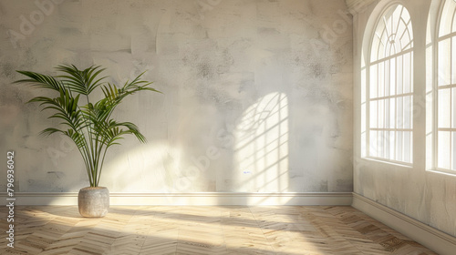 A large window in a room with a white wall and a plant in a vase. The room is empty and the plant is the only decoration