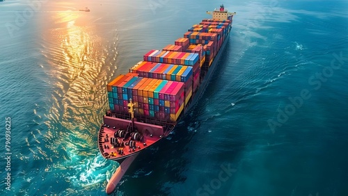 Aerial Perspective of Cargo Ship at Sea with Containers: Space for Text. Concept Aerial Photography, Cargo Ship, Containers, Sea, Text Space photo