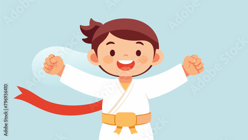 A young child with a big smile receiving a colored belt representing the sense of accomplishment and selfconfidence gained from progressing