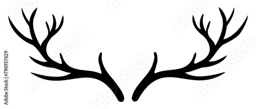 Deer Horn vector illustration. Silhouette of reindeer Antler painted by black inks. Drawing of dry bare branch. Etching of buck stag part of skull. Engraving of leafless bough for icon or logo.