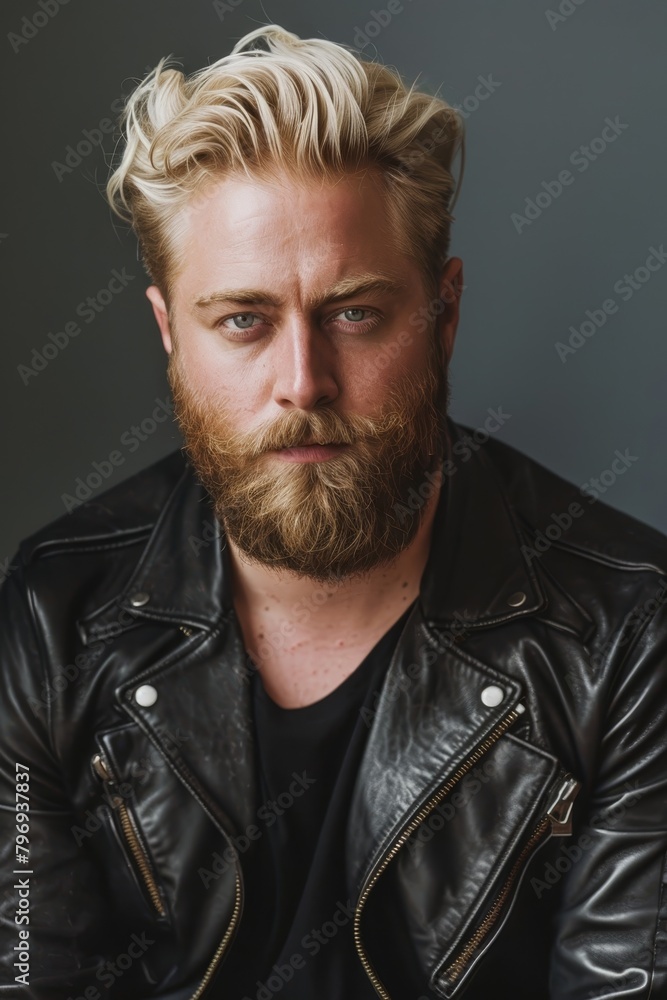 Rugged Blond Man with Beard in Leather Jacket Rugged Blond Man with Beard in Leather Jacket