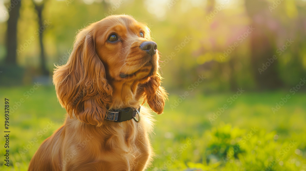 Portrait of a cute brown cocker spaniel against the backdrop of a spring park in the rays of the setting spring sun. copy space Portrait of a cute brown cocker spaniel against the backdrop of a spring park in the rays of the setting spring sun. copy space