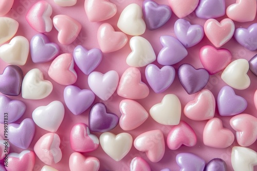 Colorful heart-shaped candies on a pink background