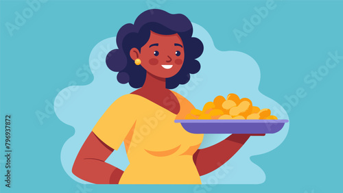 A woman proudly holding up a tray of freshly made macaroni and cheese a staple dish at every Juneteenth celebration.. Vector illustration