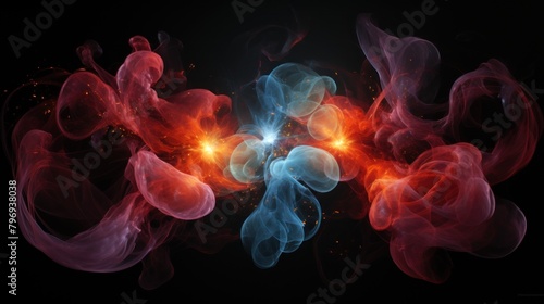 Abstract art representing quantum entanglement with swirling red and blue smoke-like patterns.