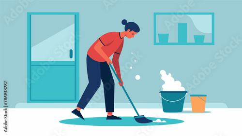 Mopping the floor with mindful steps feeling the cool water under your feet and being fully present in the cleaning process..