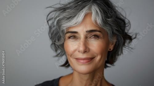 Portrait of smiling elderly woman, her hair is mix of gray and black with eyes sparkle, confidence and self-acceptance, beauty of aging gracefully.