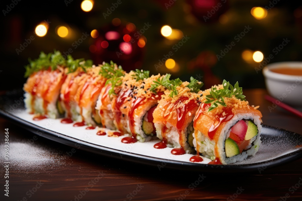 Rainbow Sushi Roll with salmon ,Sushi roll japanese food Rainbow Sushi Roll with salmon ,Sushi roll japanese food