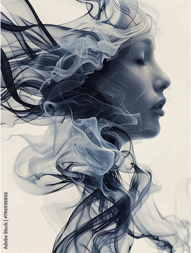 A monochromatic portrait of a woman in profile with her hair transformed into flowing, smoke-like ribbons A monochromatic portrait of a woman in profile with her hair transformed into flowing, smoke-like ribbons