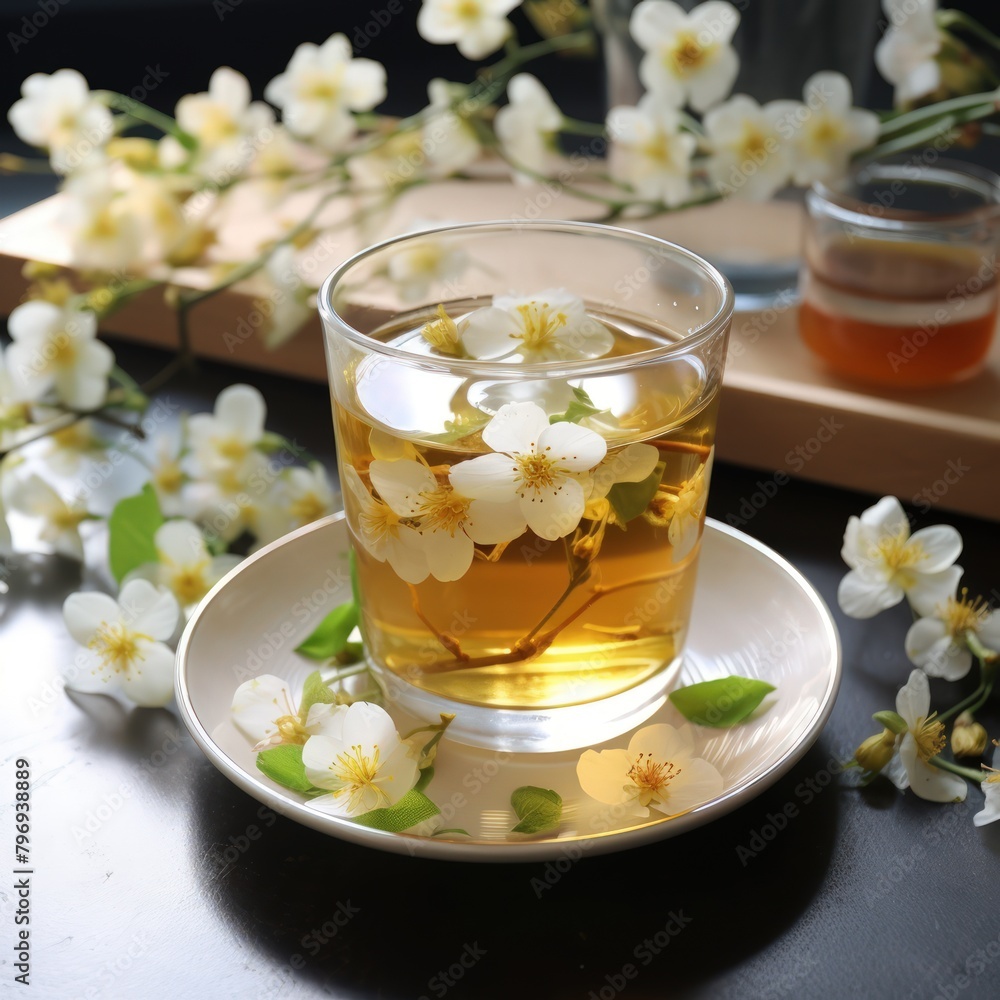 Jasmine tea and teapot on a wooden table Jasmine tea and teapot on a wooden table