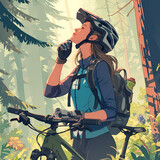 Embark on an Epic Journey - Woman with Helmet and Backpack Riding a Bike Through the Woods