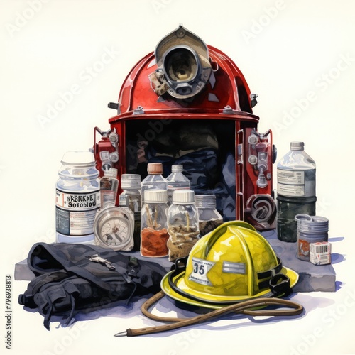 Illustration of various firefighting tools and apparatus