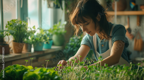 Young Woman Tending to Her Lush Indoor Garden. Generative AI