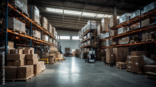 Illustration warehouse interior featuring shelves, pallets, and boxes