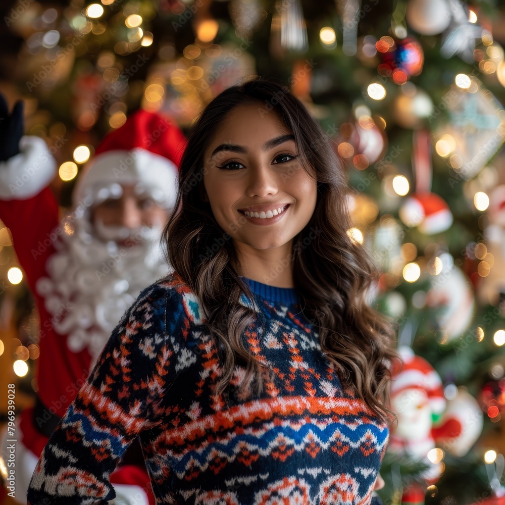 Smiling woman in front of Christmas tree Smiling woman in front of Christmas tree