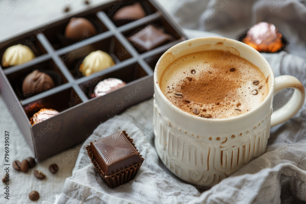 Mug of coffee with chocolates in a luxury box next to it. Generative AI Mug of coffee with chocolates in a luxury box next to it. Generative AI