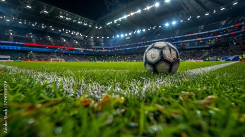 Close-up view of a soccer ball on a field with stadium lights and fans in the background in offenbach, germany