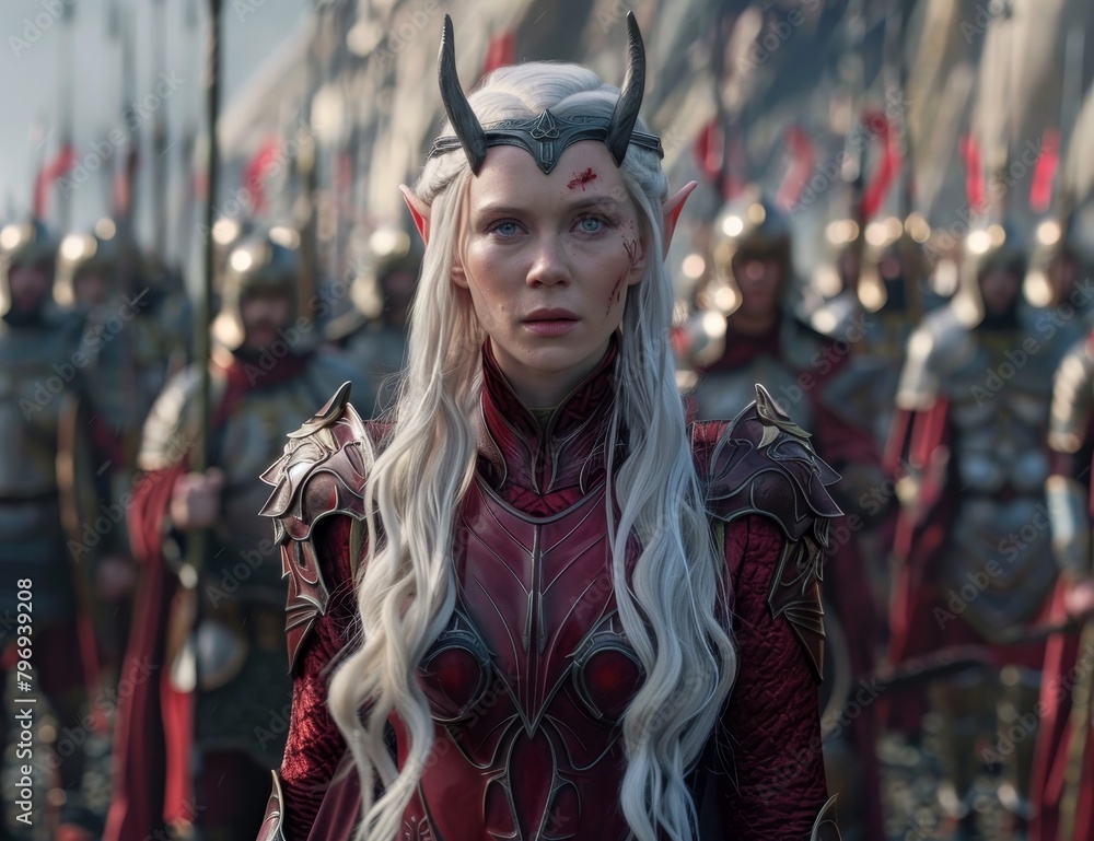 Powerful female warrior in fantasy armor leading an army