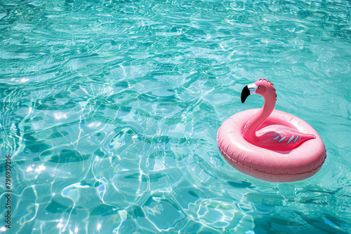 Pink flamingo inflatable float in a turquoise swimming pool. Generative AI