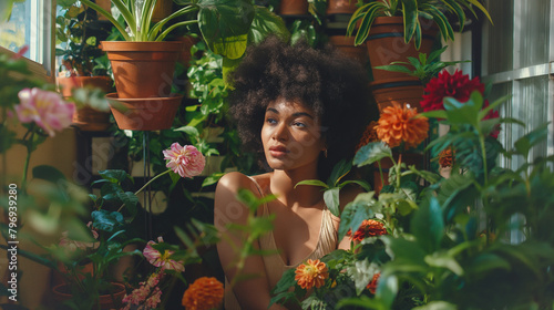 Serene Moments: Woman with Blooms in Sunlit Indoor Garden. Generative AI
