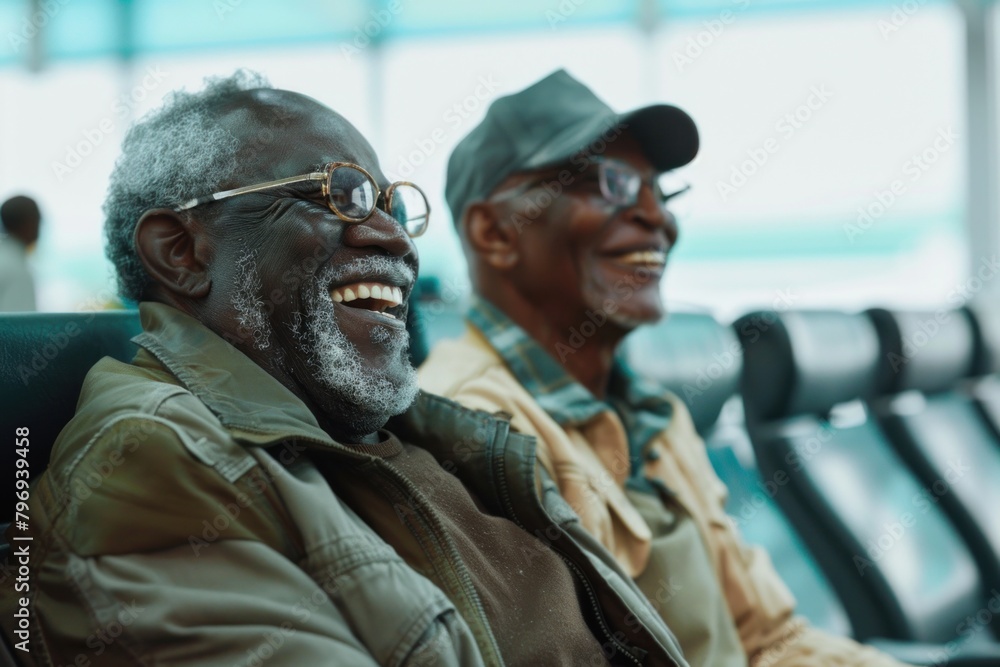 Obraz premium Group of senior African American friends sharing a laugh in an airport waiting area.