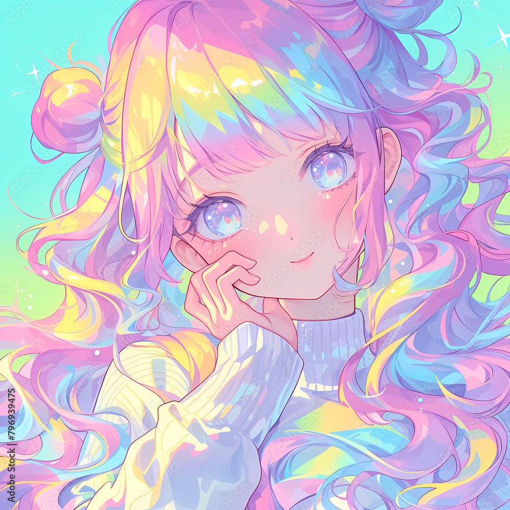 Charming Anime Style Portrait of a Blonde Girl with Rainbow Hair and Radiant Eyes, Perfect for Gaming, Cosplay, and Art Projects