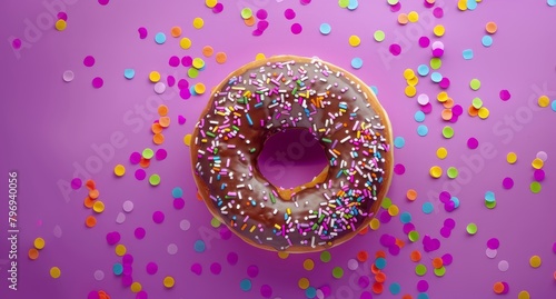 Colorful Donut with Sprinkles on Purple Background