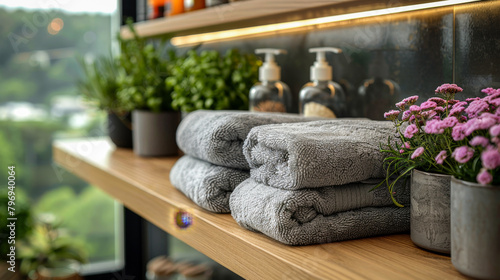 A shelf with a bunch of towels and a few potted plants photo