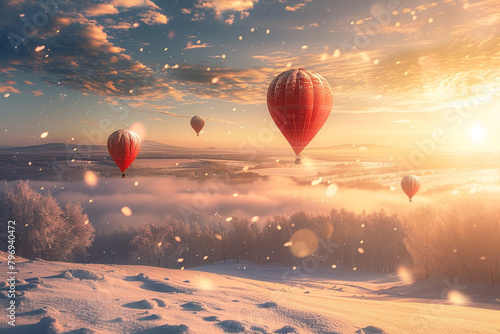 A cluster of balloons rising above a snow-covered landscape, contrasting warmth and cold. #796940472