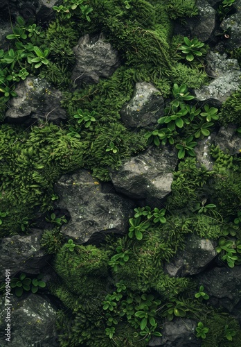 Lush green moss and foliage covering rocky surface © Balaraw