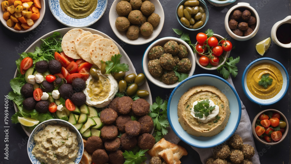 Assorted Mediterranean Mezze, Delight in a Medley of Hummus, Falafel, and Dolma in this Flavorful Spread.