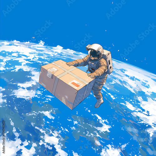 Exciting Space Adventure - Astronaut Handling Important Parcel Amidst Stunning Cosmic View