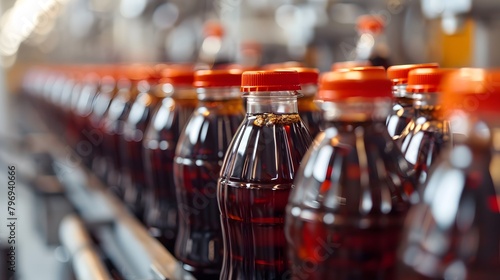 Line of bottling of cola soda bottles on clean light factory with closeup view on the sugary drink bottle photo