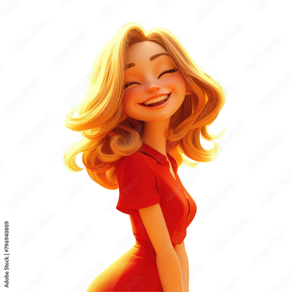 A young blond cartoon woman giggling joyfully in front of a vibrant orange background A young blond cartoon woman giggling joyfully in front of a vibrant orange background
