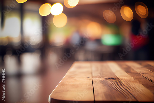 Empty wood table for product display in blur background of admirable restaurant at night generative ai