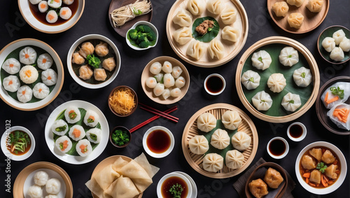 Assorted Chinese Dim Sum, Savor the Delights of Steamed Dumplings, Bao, and Spring Rolls in this Traditional Chinese Spread.