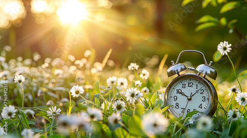 The alarm clock symbolizes the passage of spring on the chamomile field