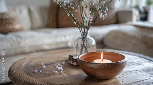 A coffee table adorned with a branch of cherry blossoms and softly flickering candles, enveloping the space in a serene and cozy ambiance with their gentle glow