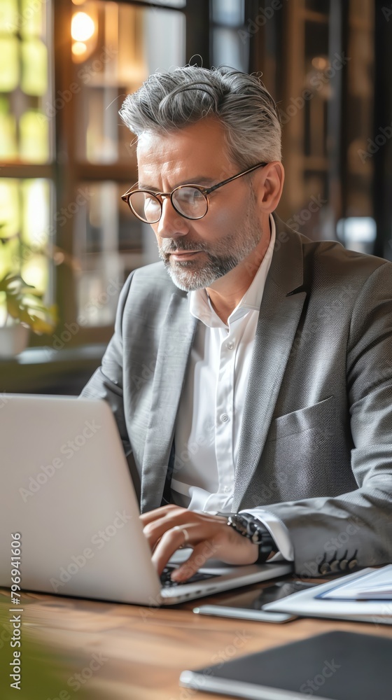 Businessman using laptop computer in office Happy middle aged man, entrepreneur, small business owner working online depth of field bokeh effect Businessman using laptop computer in office Happy middle aged man, entrepreneur, small business owner working online depth of field bokeh effect