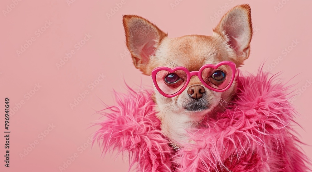 Fashionable Chihuahua in Pink Feather Boa and Heart-Shaped Glasses