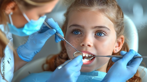 A little girl is having her mouth examined by a dentist photo