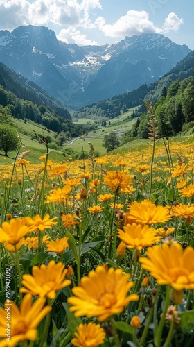 Field of Yellow Flowers With Mountains Background