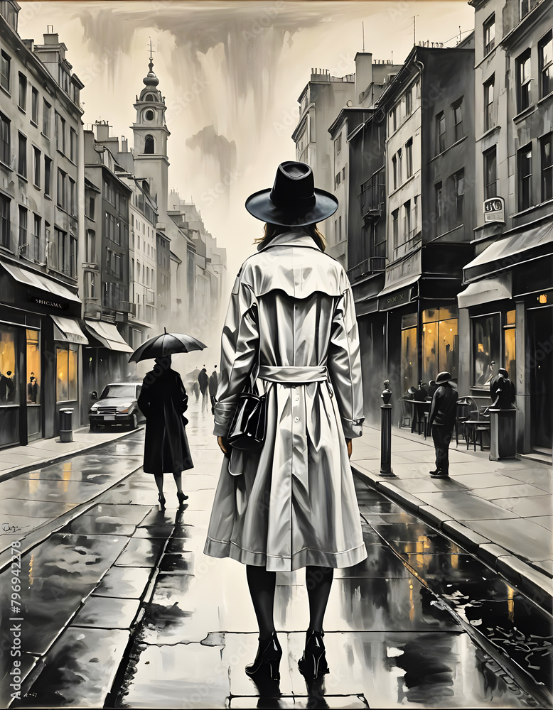 A woman from behind in a raincoat and a black big hat