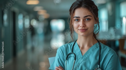 Woman in Scrubs and Stethoscope in Hospital Hallway