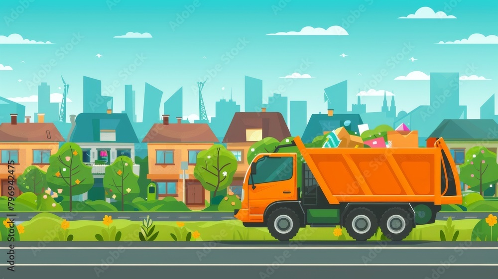 City waste recycling concept with garbage truck on village landscape background. Vector illustration in flat design --ar 16:9 --style raw Job ID: 3154d5f7-6f65-4fd3-9f16-a813241357f6 City waste recycling concept with garbage truck on village landscape background. Vector illustration in flat design --ar 16:9 --style raw Job ID: 3154d5f7-6f65-4fd3-9f16-a813241357f6