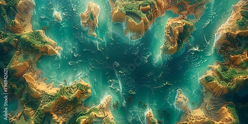 a computer generated image of a blue and green ocean with rocks and water around it and a large amount of rocks and water around it photo
